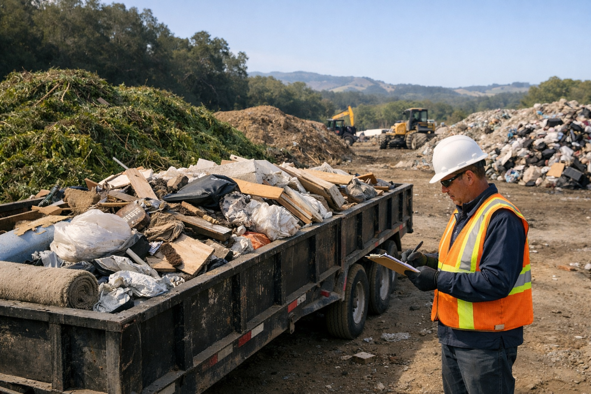 Land cleanup crew managing disposal fees under local regulations for property cleanouts
