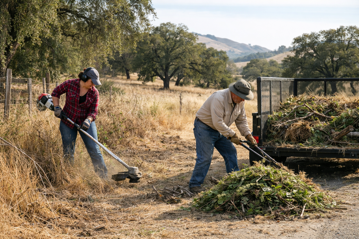 Clearing overgrown brush on rural West County property to reduce fire season risk
